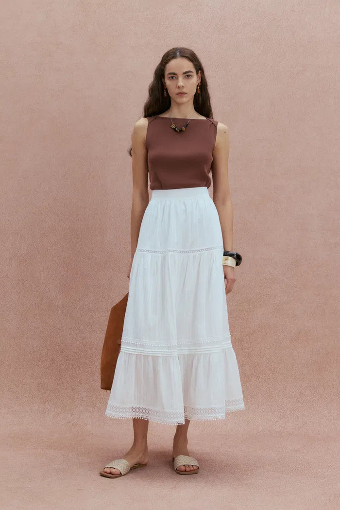 Sybilla Tiered Openwork Maxi Skirt in Cotton