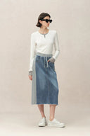 Elvin Patchwork Midi Skirt in Cotton Denim - Deeper Blue Washed