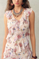 Alice Handpainted Floral Bias Cut Ruffed Sleeveless Dress in Crinkle Gauze