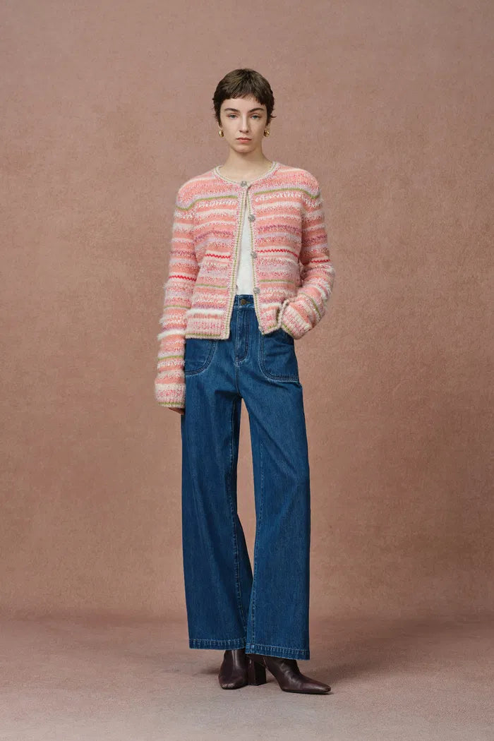 Belleville Fitted Stripe Sequin Tweed Cardigan in Brushed Multi-Yarn Wool Knit