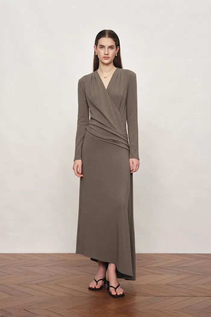 Soren Draped Wrap V-Neck Dress In Stretch Knit