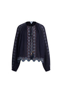 Blair Boho Geborduurde Transparante Kanten Blouse met Pofmouwen in Gekreukte Georgette