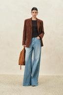 Verdi Curved Hem Loose Suit Blazer in Faux Suede