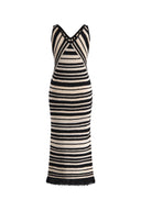 Kari Handmade Tassels Ivory White Striped Dress in Cotton Knit