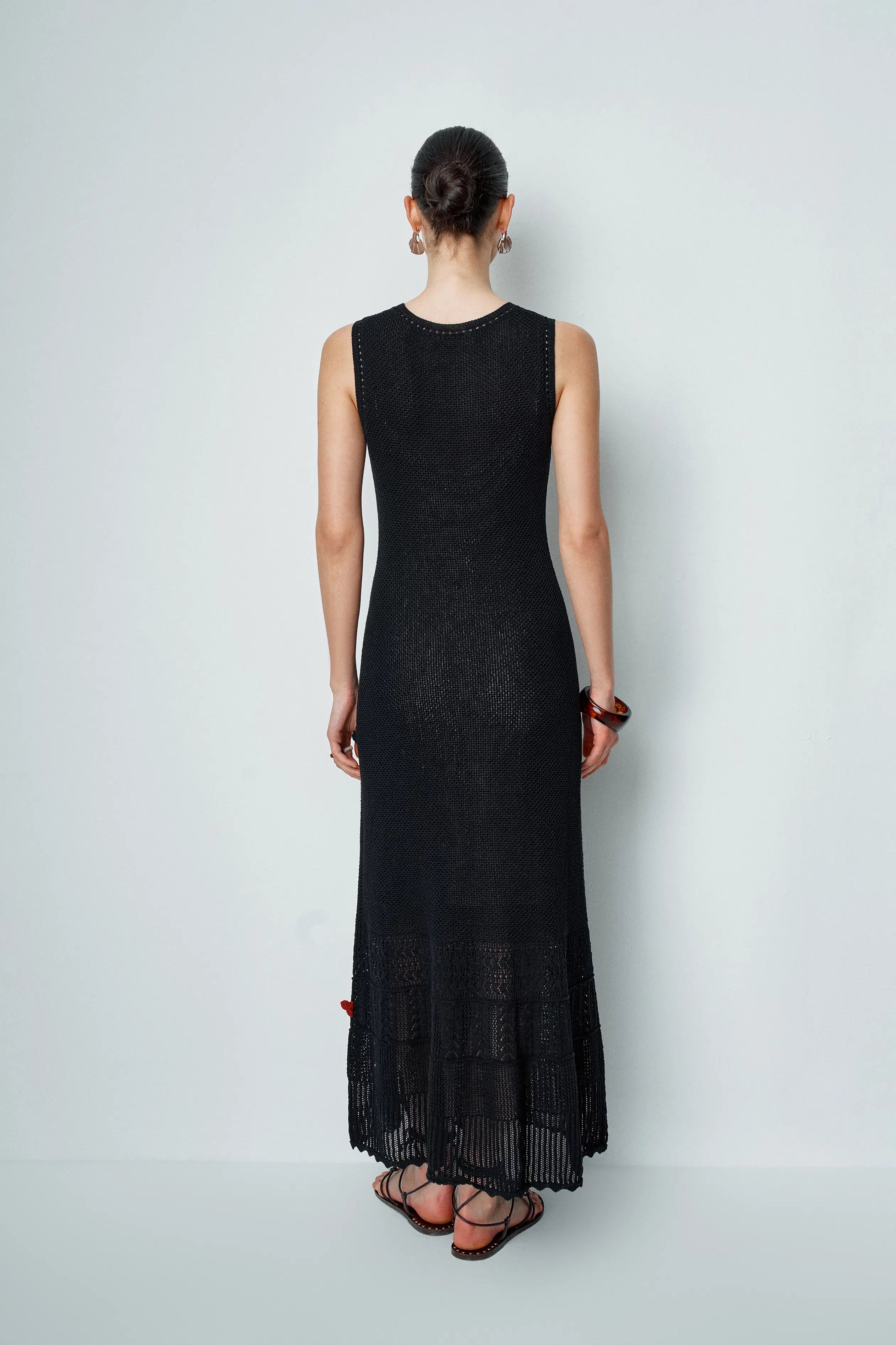 Ellie Black Sleeveless Floral Crochet Dress in Cotton Linen Knit L