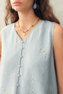 Yori Floral Embroidery V Neck Sleeveless Top in Linen Blend