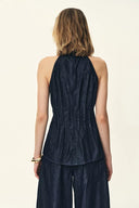 Brooke Handwork Pleats Halter Neck Top in Acetate Tencel Denim
