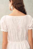 Elise Lace Embroidered Puff Sleeve Waist Cinched Dress in Cotton Jacquard