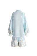 Paz Blue Embroidered Top and Short Matching Set in Silk-Linen Blend