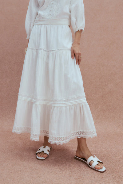 Sybilla Tiered Openwork Maxi Skirt in Cotton – fbrq.com