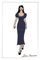 Carole französischer Stil Kleid mit Polka-Dots, quadratischem Ausschnitt und Puffärmeln aus Seiden-Satin-Mischung