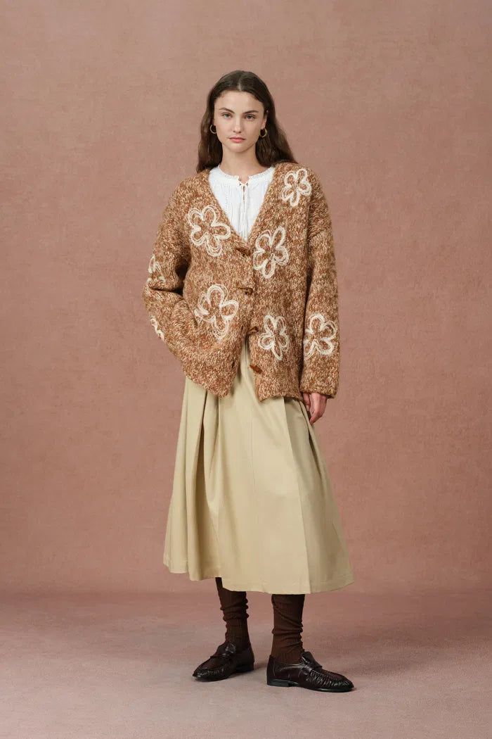 Ayanna Floral Embroidered Cardigan in Merino Wool Multi-Yarn