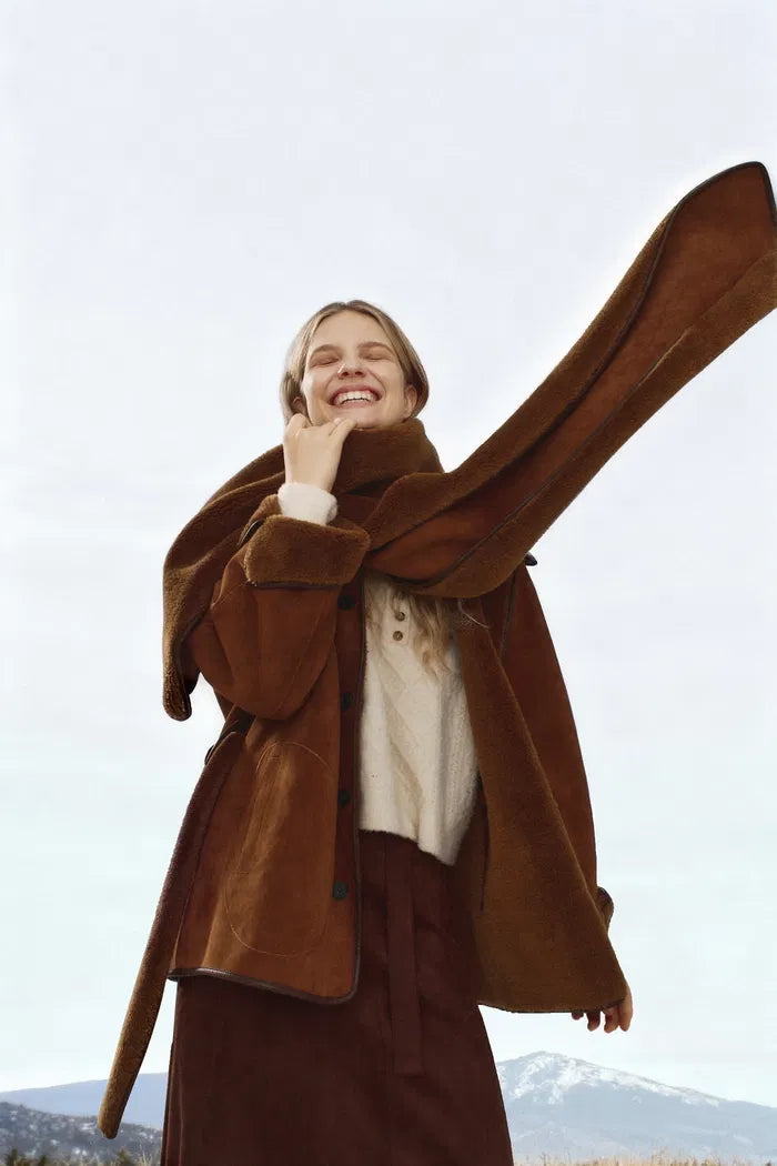 Carla Reversible Scarf Short Fur Coat in Merino Wool with Faux