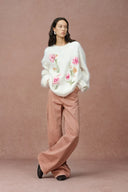 Rhoeadine 3D Jacquard bestickter Pullover aus Alpakawolle - Rundhalsausschnitt Version