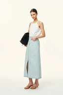 Falda midi Delia Handwork Beading en denim de algodón