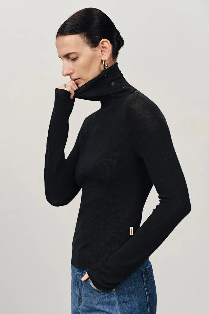 Lumina Semi Sheer Shoulder Turtleneck Undershirt in Merino Wool Rib Knit