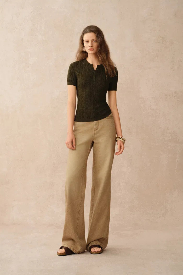 Zofia Dark Brown Henley Buttoned Top in Merino Wool