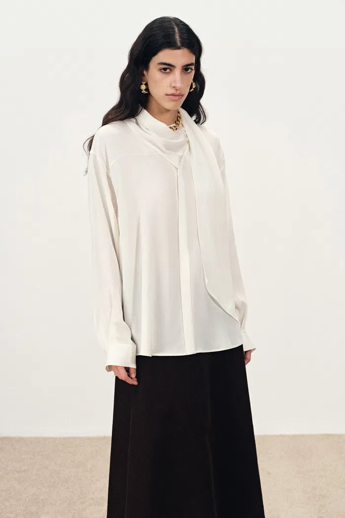 Charlotte Flowing Scarf Style Tie Blouse in Silk Satin