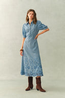 Vinetta Puff Sleeve Dress in Cotton Linen Denim