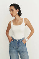 Liz Square Neck Body Con Sleeveless Tank Top in High-Stretch Ribbed Knit