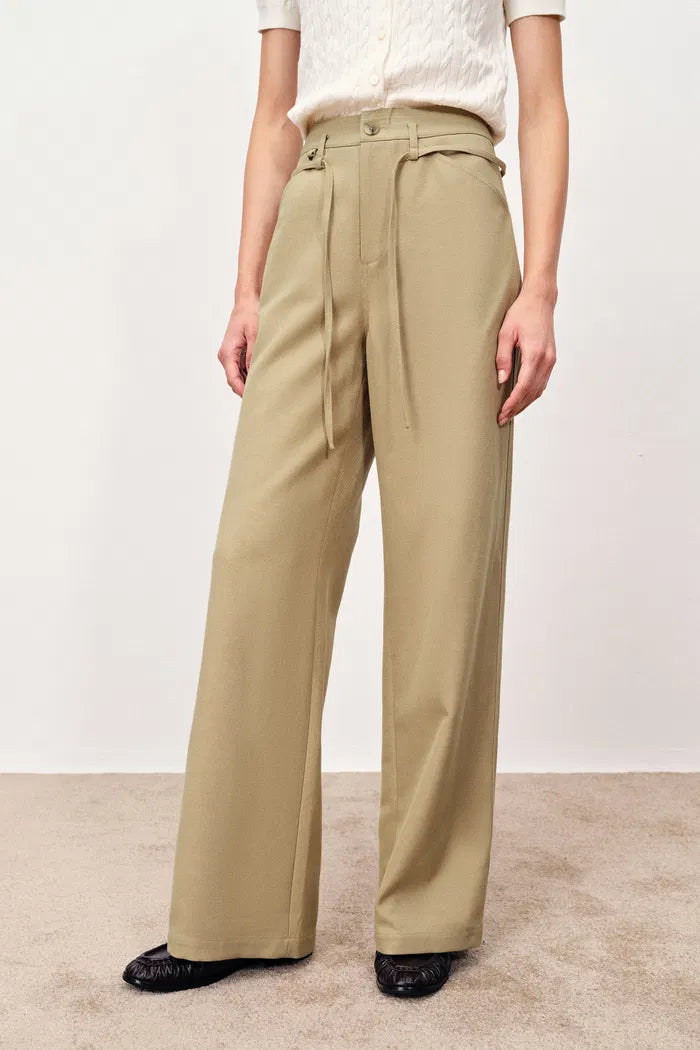 Kendall Tie Belt Trousers in Lightweight Twill Fabric
