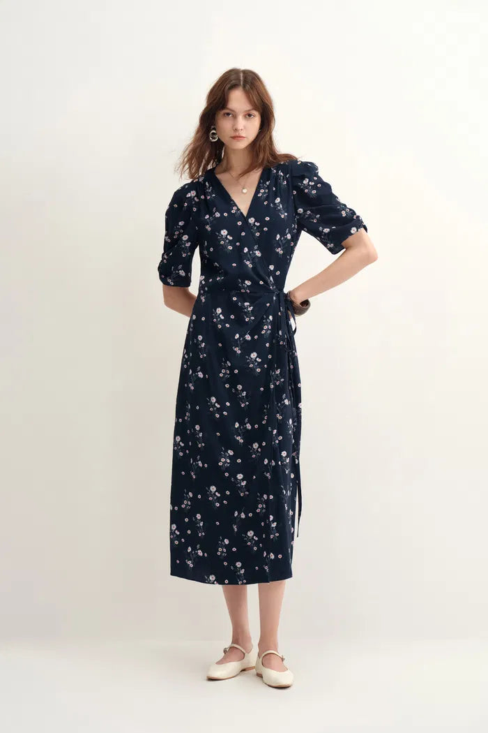 Teana French Floral Wrap Midi Dress in Tencel Blend