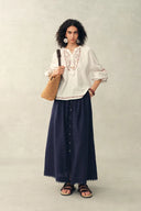 Siena Smocked Tie Front Bandeau Top and Maxi Skirt Set in Linen Blend-Dark Blue