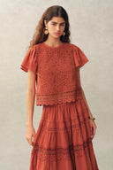 Kalia Lace Embroidery Pleated Cap Sleeve Top and Maxi Slit Skirt Set in Cotton Jacquard