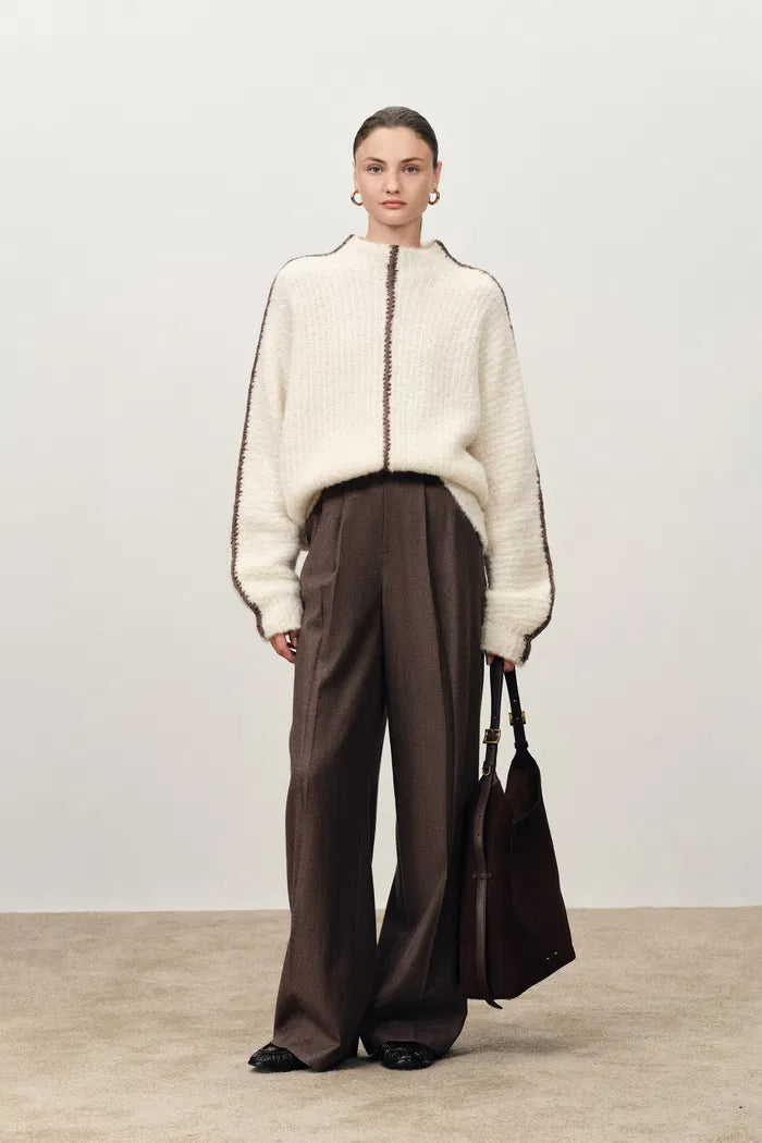 Sofia Tan Grey Straight Suit Pants in Merino Wool Suiting