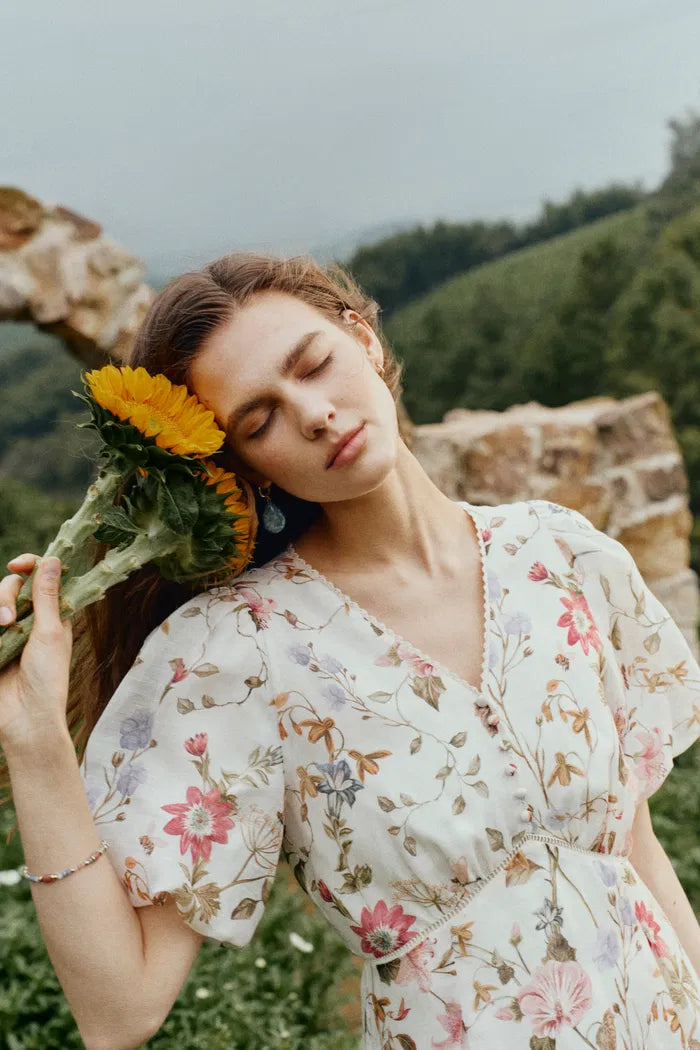 Willa Floral Print V Neck Puff Sleeve Dress in Silk Linen Organza  fbrq.com