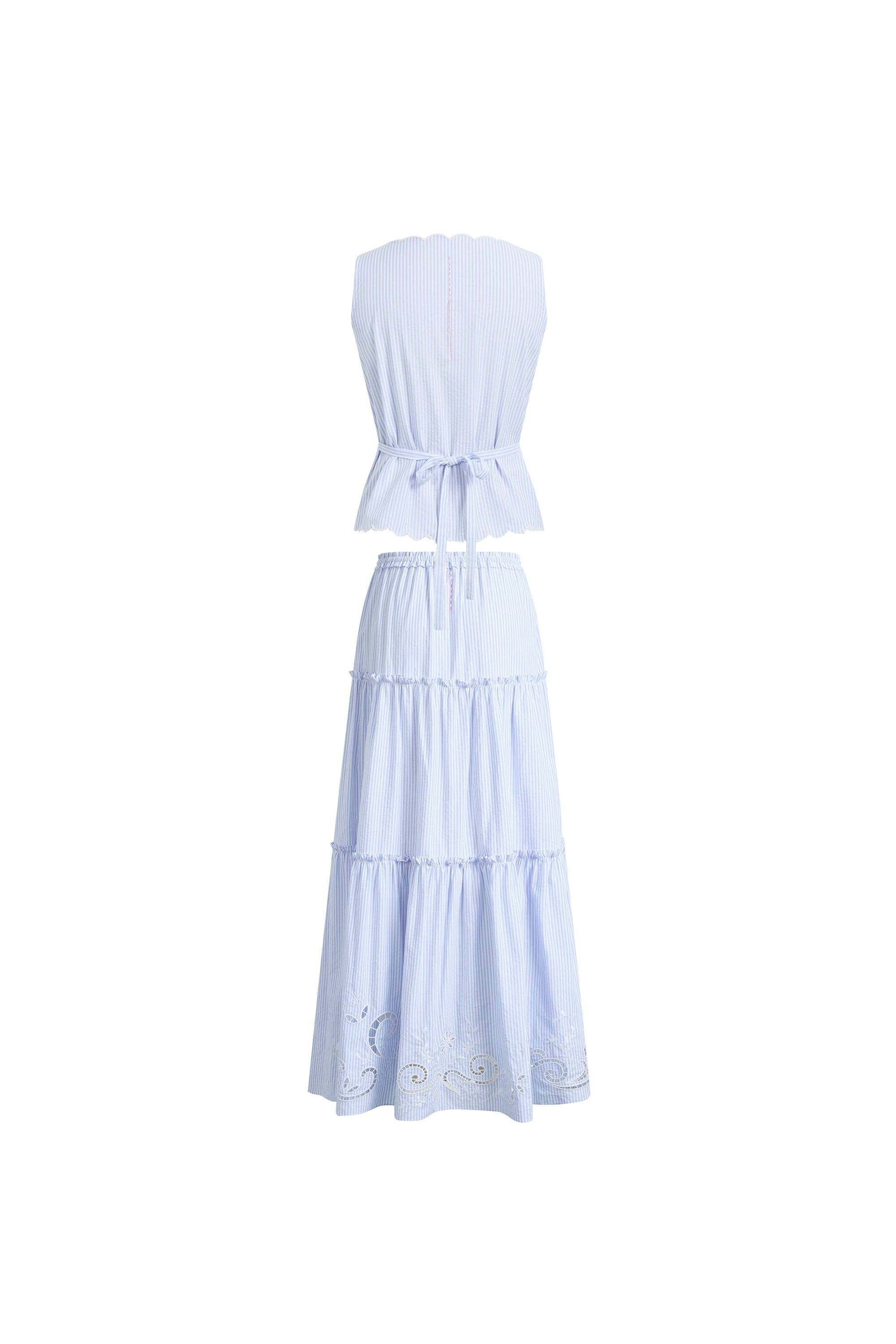 Lone Striped Embroidered Sleeveless Lace Trim Cami Top and Skirt