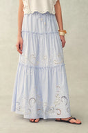 Bree Striped Embroidered Drawstring Tiered Skirt in Crinkled Cotton