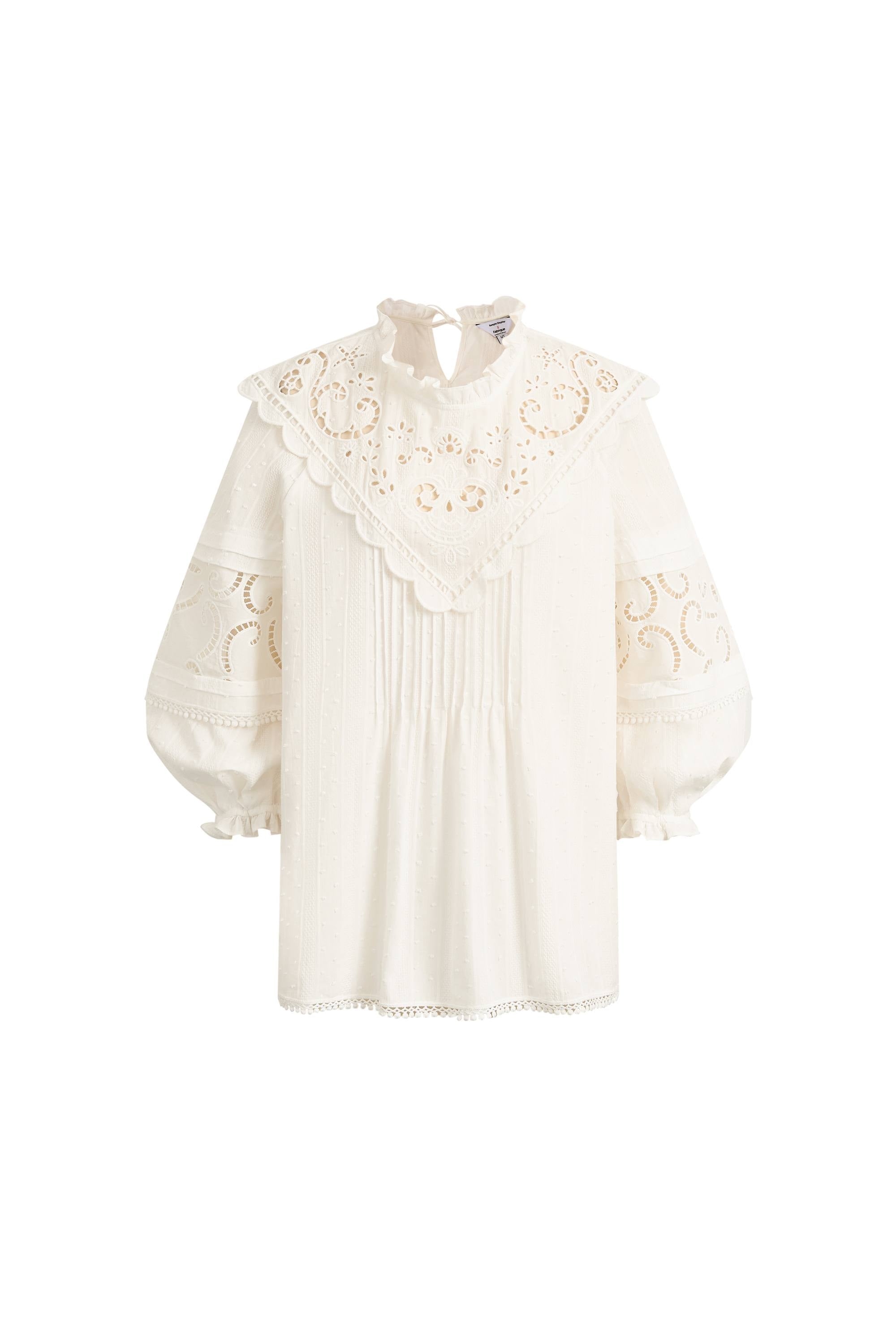 Iris V-Seam Embroidery Puffy Sleeve Blouse in Cotton Jacquard