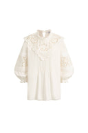 Iris V-Seam Embroidery Puffy Sleeve Blouse in Cotton Jacquard