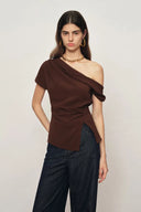 Hazel Asymmetric Ruched One Shoulder Side Slit Fitted Top in Triacetate Blend
