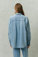 Vinetta Curved Button Placket Floral Embroidered Shirt in Cotton Linen Denim