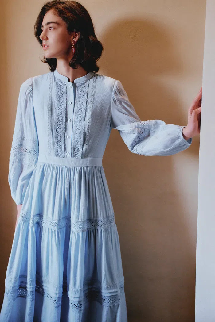 fine pleated dress Eloise Cutwork Embroidery Long Puff Sleeve Dress in Fine-Pleated Viscose Blend XS/P