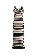 Kari Handmade Tassels Ivory White Striped Dress in Cotton Knit