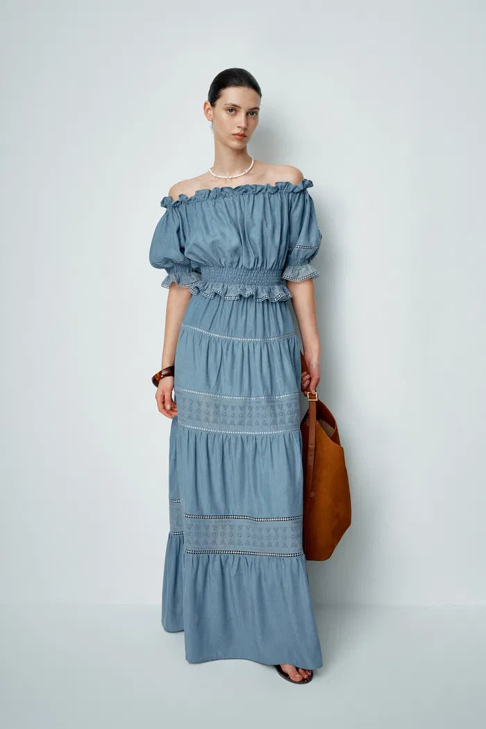 Oluka Ruffle Ruched Off Shoulder Top in Lightweight Denim