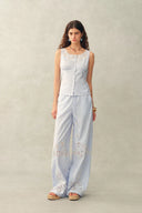 Lone Striped Embroidered Sleeveless Lace Trim Cami Top in Crinkled Cotton