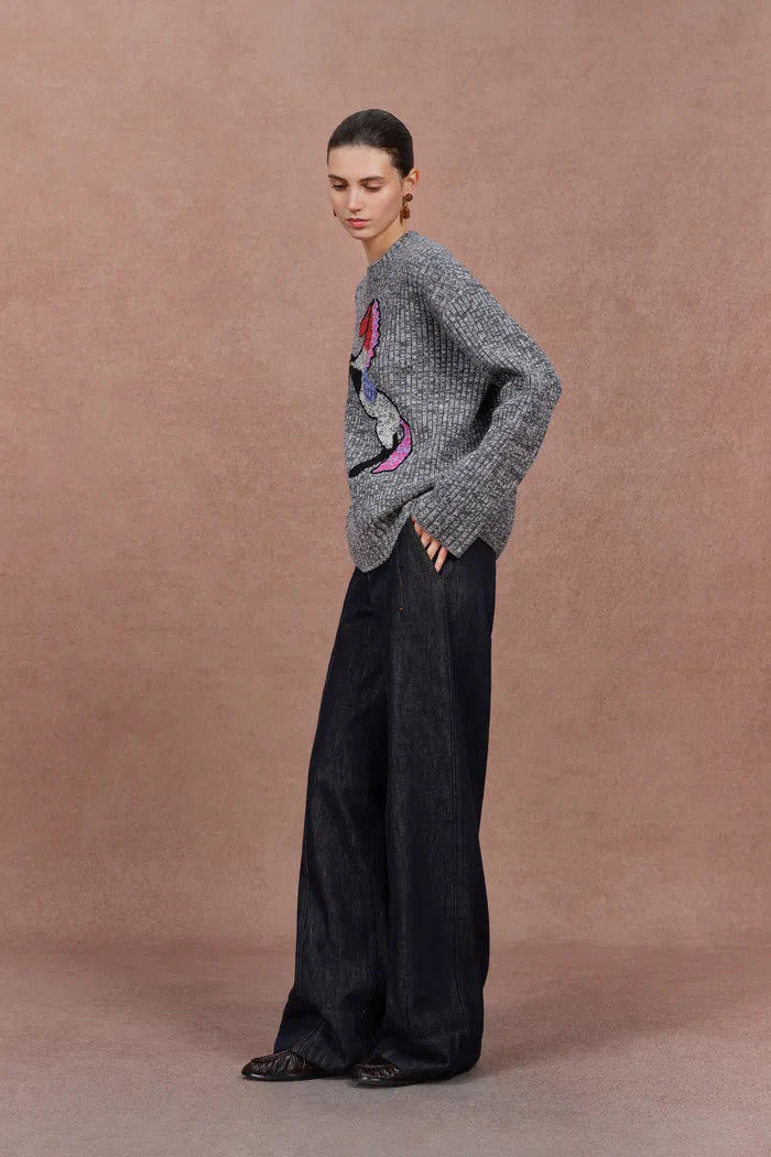 Léa Cuffed Contrast Plaid Denim Jeans in Raw Denim