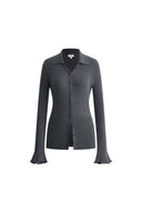 Katia Beige Wavy Cuff Fitted Collared Cardigan in Stretchy Merino Wool Cable Knit