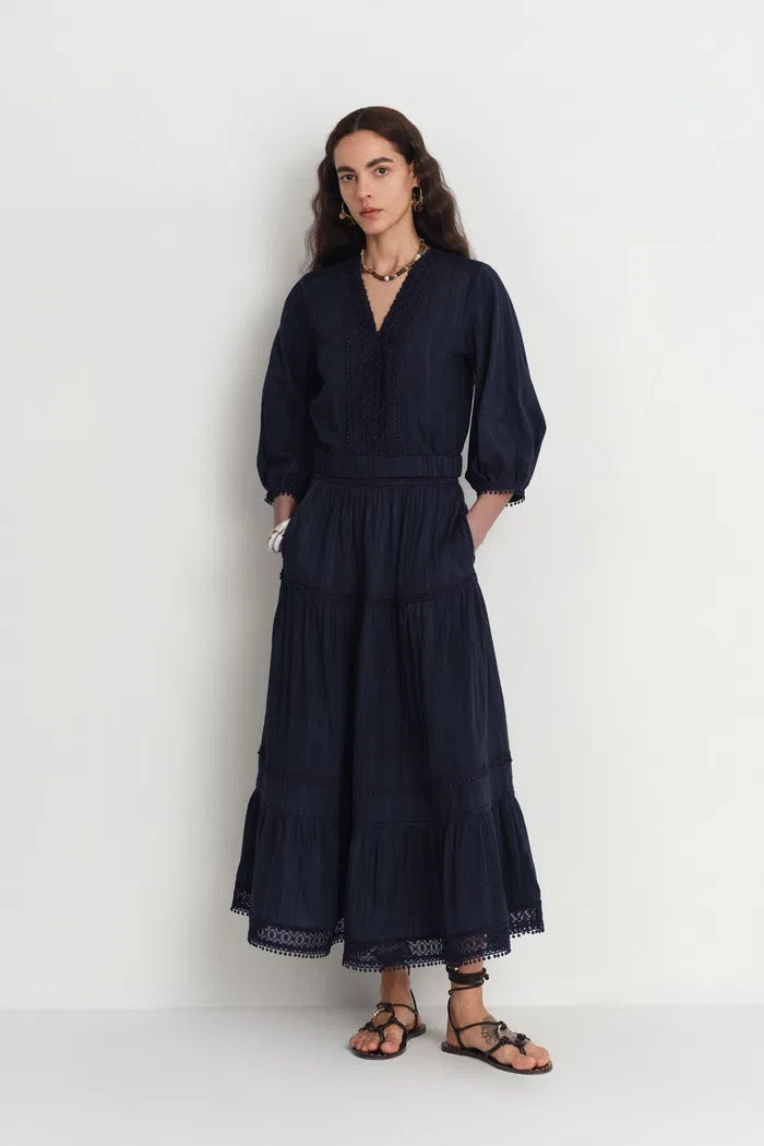 Elli Embroidery Puff Sleeve Blouse Top and Maxi Skirt Matching Set in Cotton