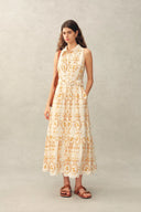 Wendy Floral Embroidery Belted Sleeveless Dress in Linen Blend