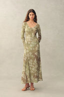 Iris handbemaltes Kleid mit Blumenmuster und langen Ärmeln aus Viskose