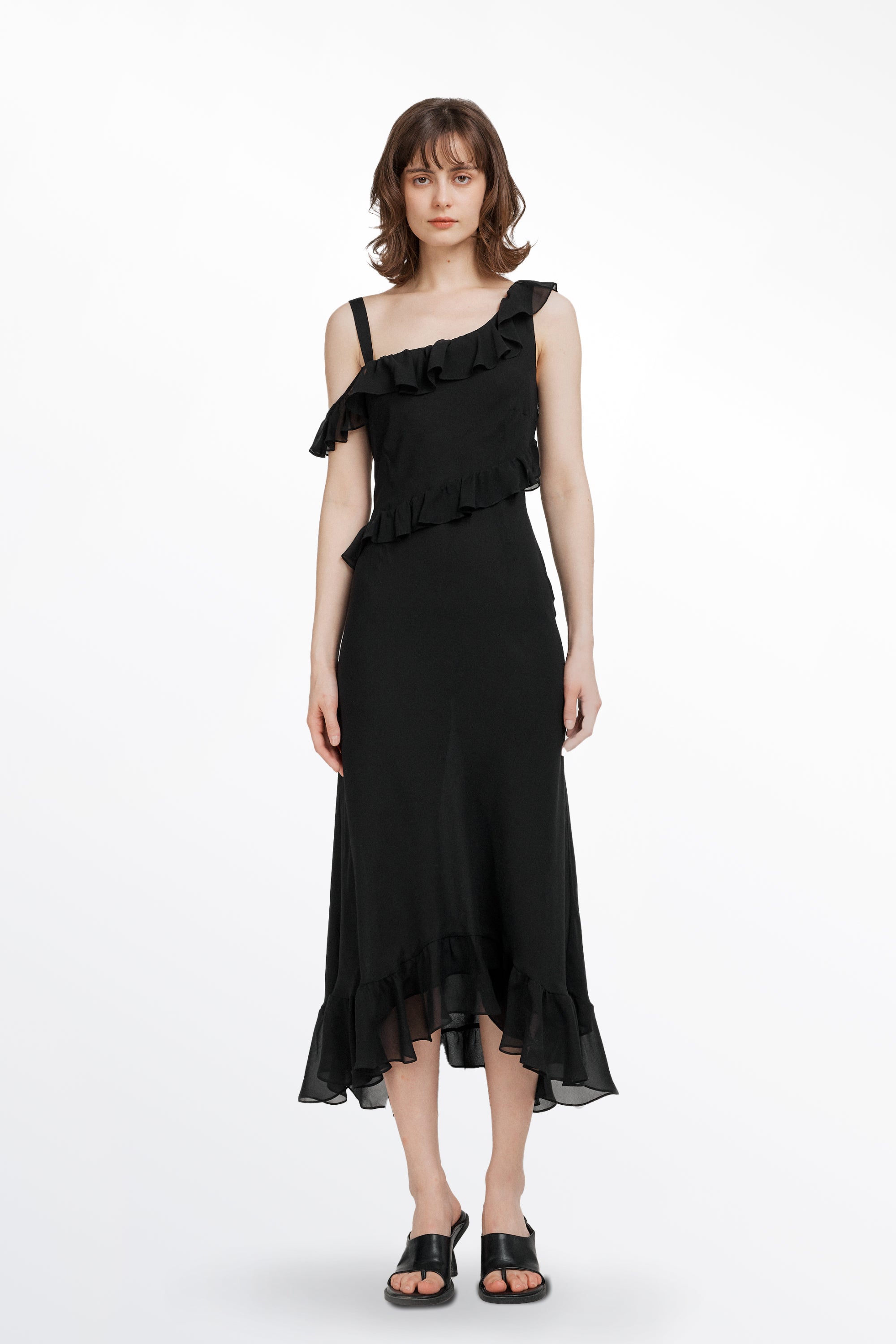 Calla Asymmetrical Ruffle Dress in Georgette Silk