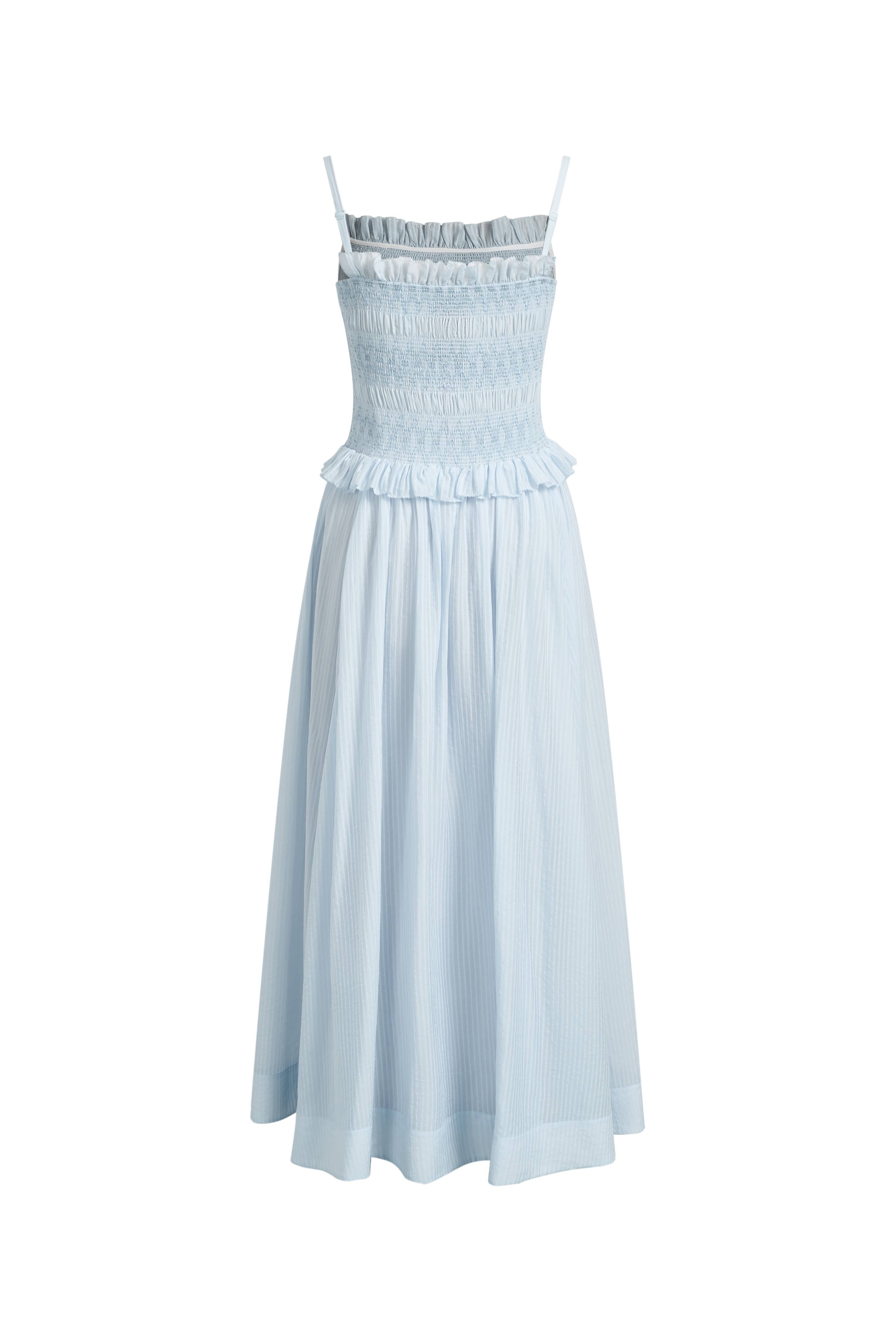 Cirra Smocked Ruffle Trim Striped Sleeveless Cami Dress in Sheer Fabric