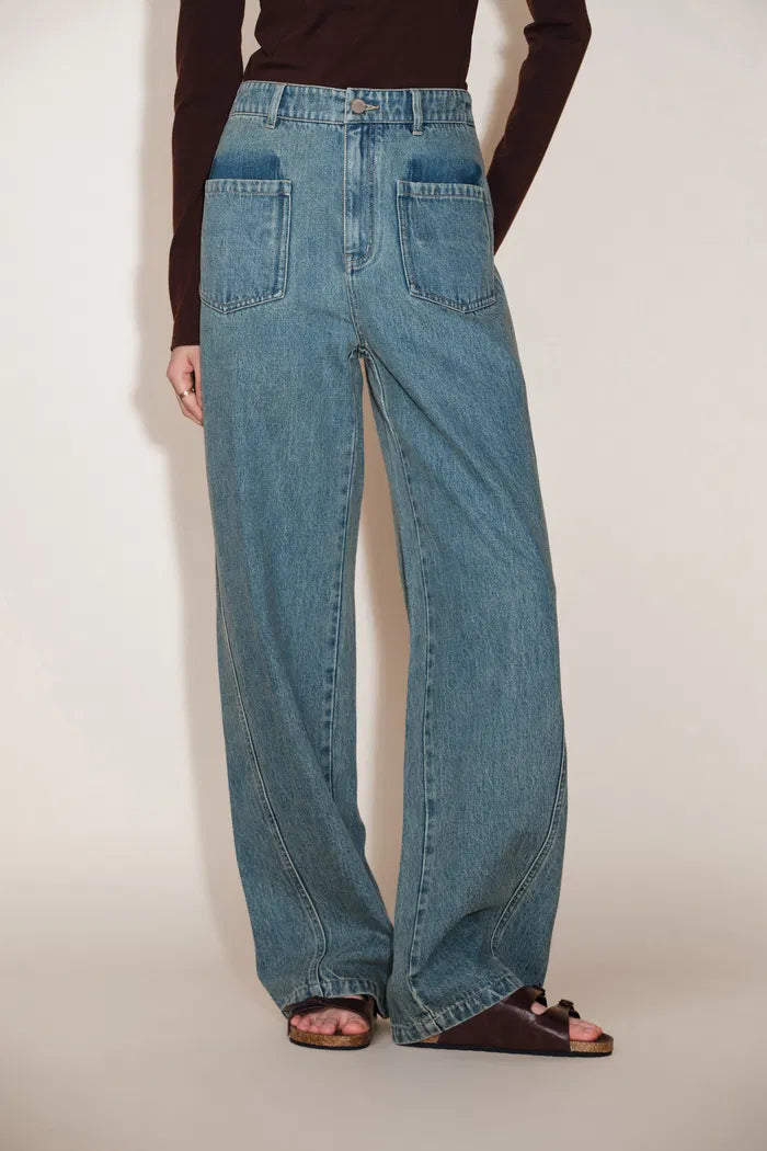 Lia Two Tone Washed Patch Pocket Jeans in Cotton Denim
