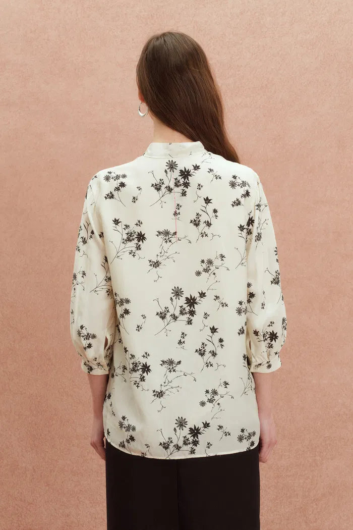 Brooke Hand Painted Flora Scarf Neck Blouse in Silk Blend Satin