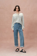 Zoe Raw Edge Waistband Straight Leg Jeans in Cotton Denim